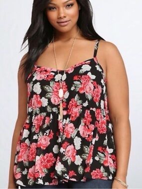 TORRID Black & Red Floral Peplum Tank Top
